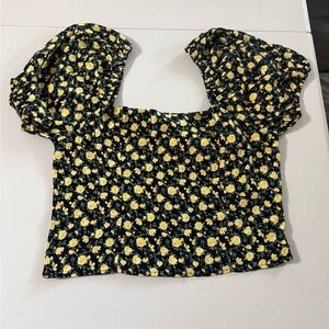 Forever 21 Floral Puff Sleeve Smocked Back Top Yellow Black XL NWT